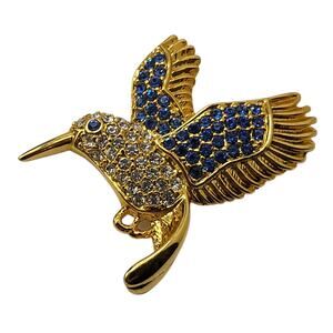 Vintage 1999 PS Co Hummingbird Brooch Blue Rhinestone Gold Tone